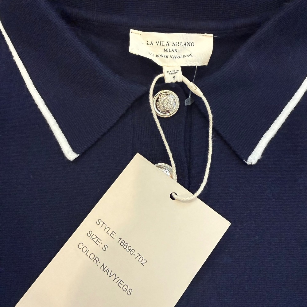 La Vila Milano Womens Navy Blue Knit Sleeveless Polo Top Silver Crest Buttons S - Picture 2 of 4
